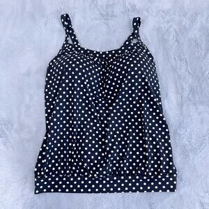 Lands End Blouson Tummy Control Tankini Swimsuit Top Black Polka Dot Womens 14